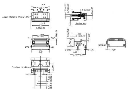 Dimensiones del Producto del Conector Tipo C TCWOBRFSP003R
